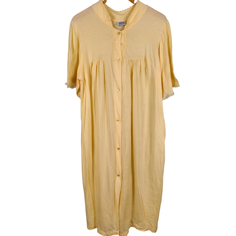 NWT Nancy King Womens L Button Front Nightgown Yellow Cotton Lace Cottagecore
